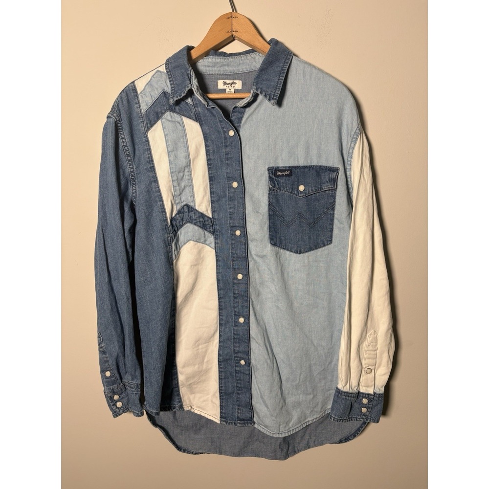 Wrangler Retro Womens Pieced Denim Western Pearl Snap Shirt Patchwork M Medium